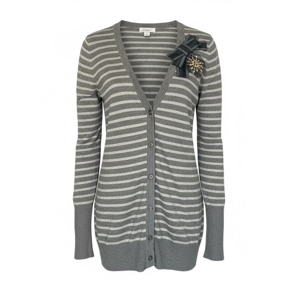 Ann Taylor LOFT Striped Cardigan Medium Heather Gray Light Gray V Neck Bow